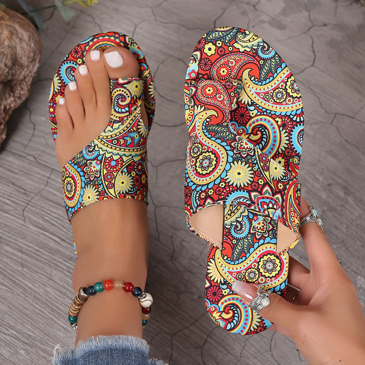 Large Women's Ethnic 2025 Summer New Breathable Print Toe Roman Style Sandals