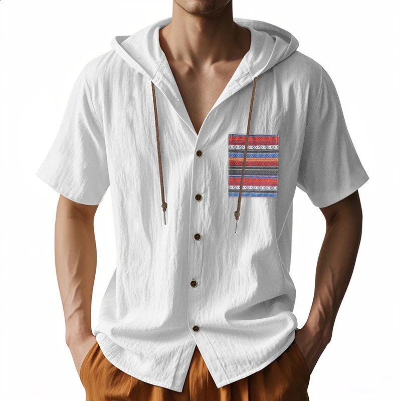 2025 Summer Mens Thin Bohemian Breathable Linen Amikhaki Loose Hooded Short sleeved Shirt 250411