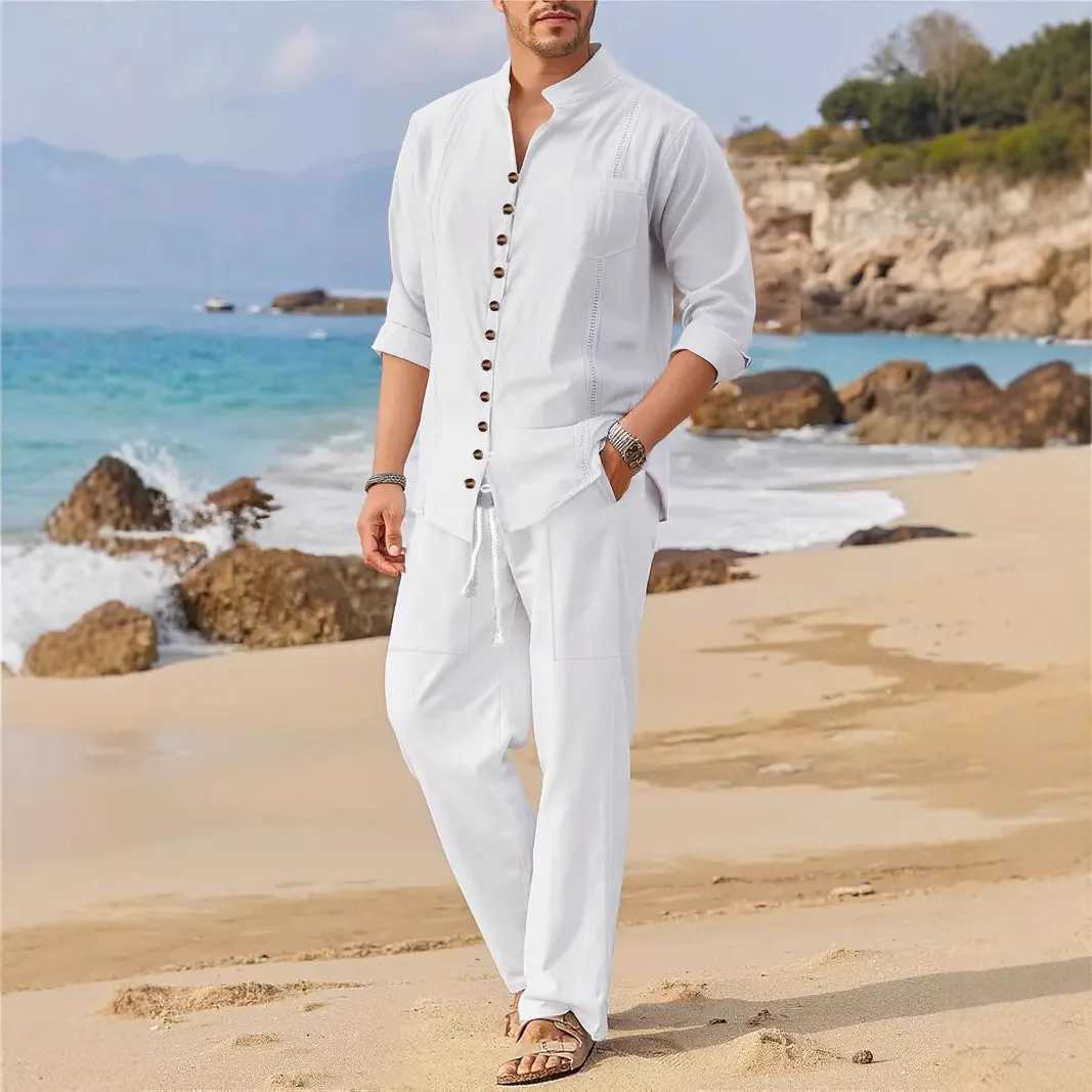 2025 Spring/Summer New European and American Mens 100% Cotton Casual Loose Long Sleeve Mens Beach SetXJ250412
