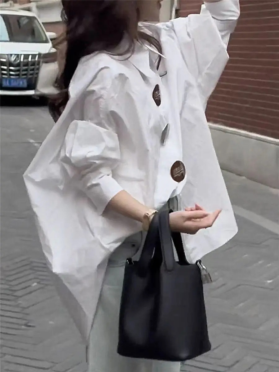 In Autumn Loose Casual Cotton Buttons Up Shirts For Women Lantern Sleeve Top Korean Oversized Shirt Blouse 250411
