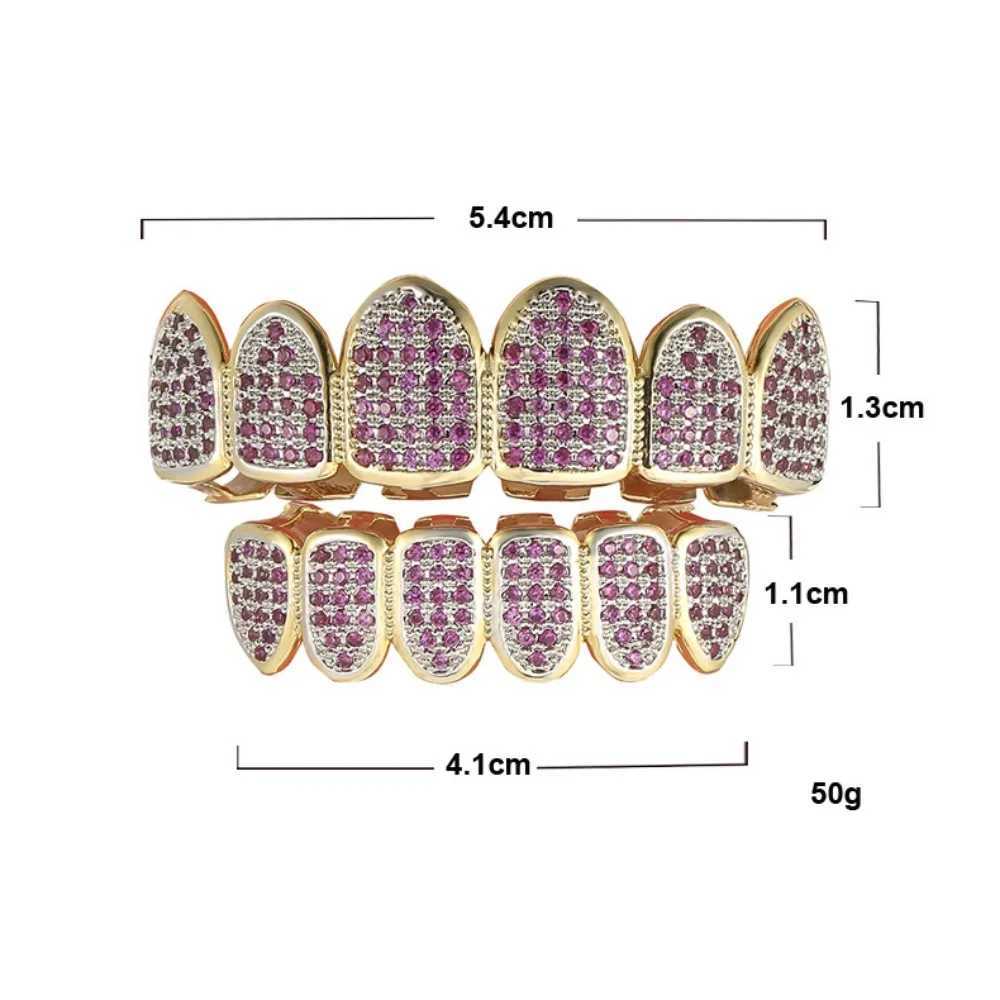 Hiphop Iced Out Rose Red 5A Zirconia Teeth Grillz for Neutral Rap Singer Mouth Gold Silver Cube Zirconia Teeth Grills 6/6 Top Bottom W250412