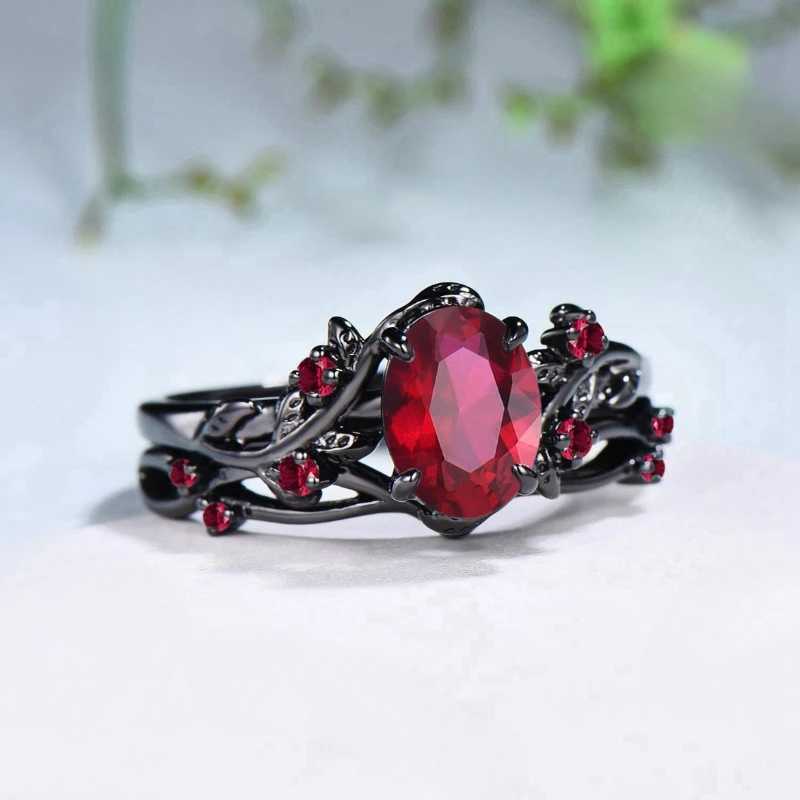 Elegant womens retro style inlaid ruby ring gun black rose branch cross two-piece set classic wedding fashion jewelryXJ250412