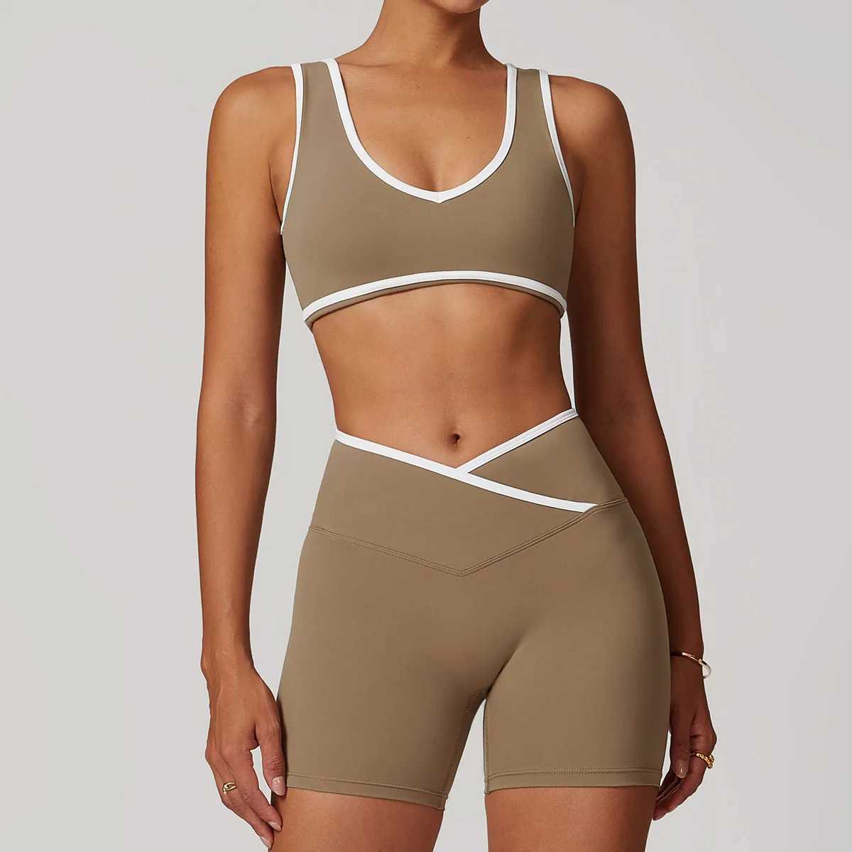 High quality Yoga Set 2 Piece Women Shorts vest Suits Workout Bra Cropped Sports High Waist Gym flares Legging Fitness Wear 8843 J251112