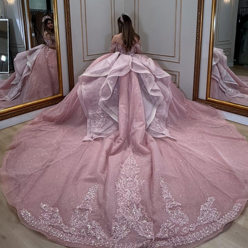 Pink Shiny Quinceanera Dresses Off Shoulder Ball Gown Sweet 16 Dress Sequin Applique Beads Tull Birthday Party Vestidos 15 De Anos