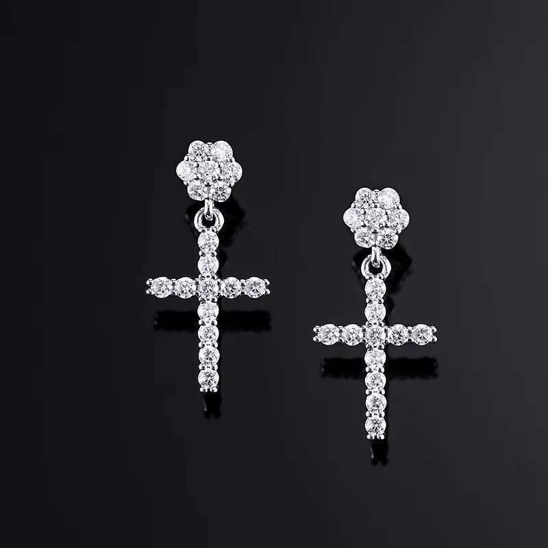 S925 Moissanite Flower Cluster Stud Cross Earrings Bridal Wedding Earrings Engagement Jewelry Anniversary Jewelry Lovers Gift