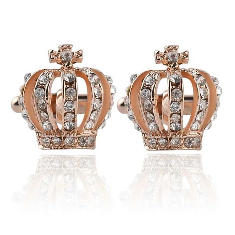 1 pair of crown shirts gold king queen wedding groom evening gown jewelry fashion classic French crystal mens cufflinks party giftT250412
