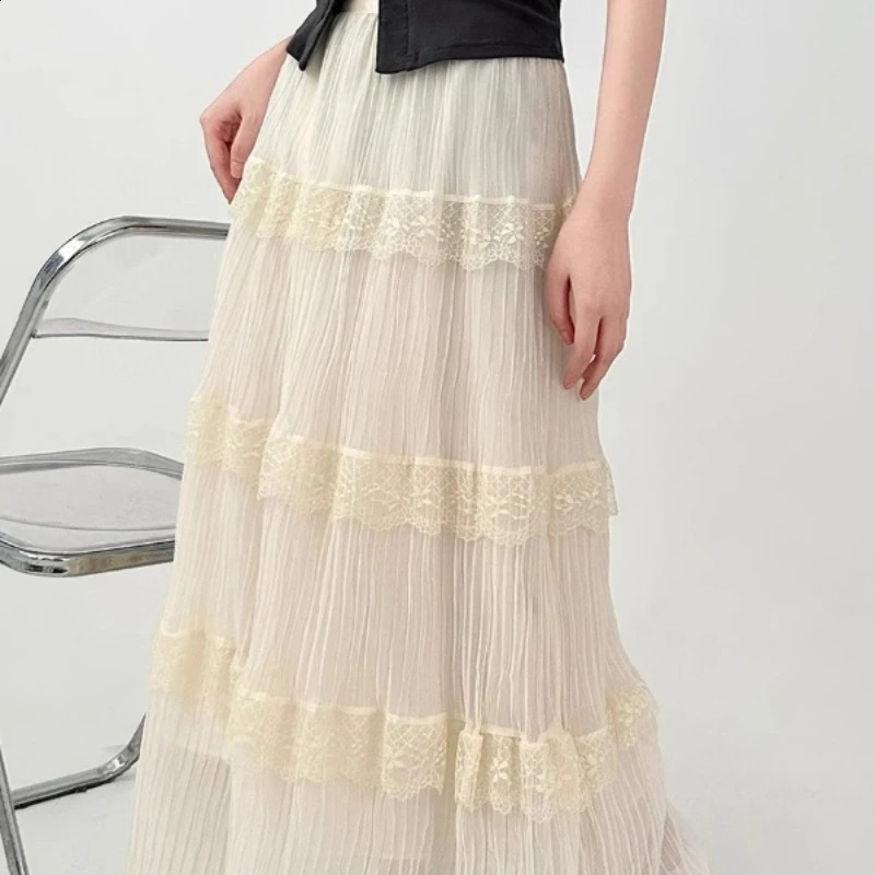 French Apricot Cake Skirt for Women Lace A-line Skirt Mid-length Skirt Slightly Fat Long Skirt 250411