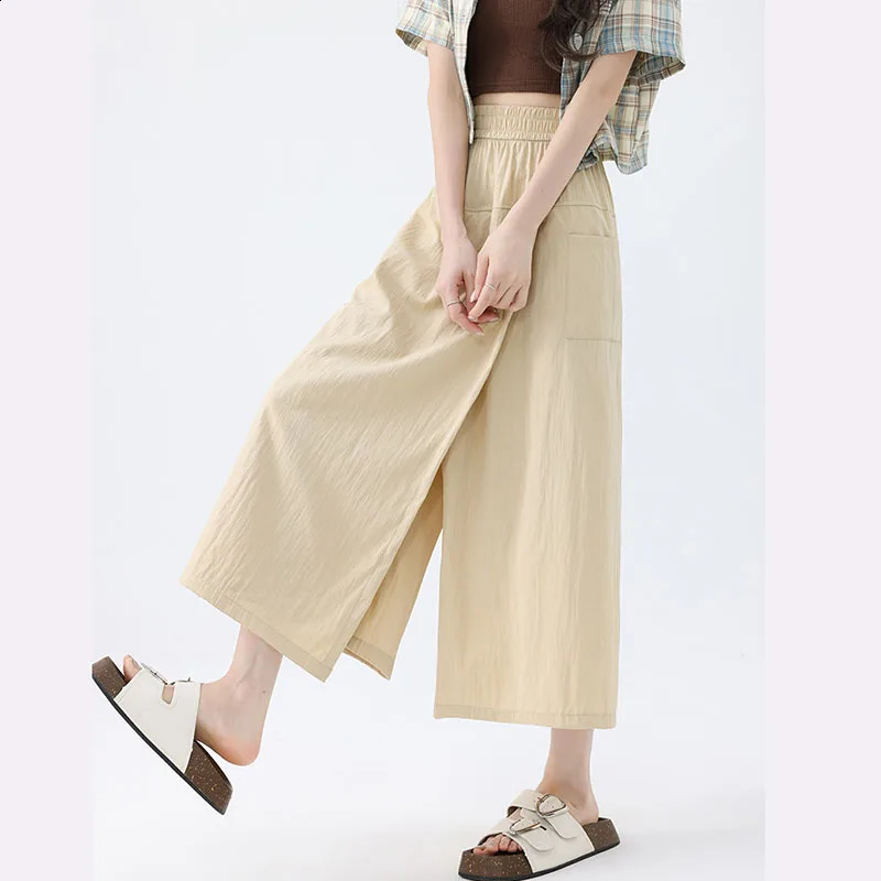 Harajuku Womens Wide Leg Pants Casual Elastic High Waist Pocket Leather Pants Womens Summer Solid Leg Pants 250408