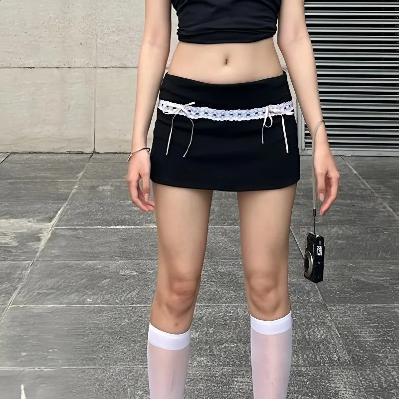 Korean Style Harajuku Y2K Streetwear Women Retro Sweetheart Lace Bow Tie Mini Skirt Gothic Punk Low Waist Black Short Skirt 250411