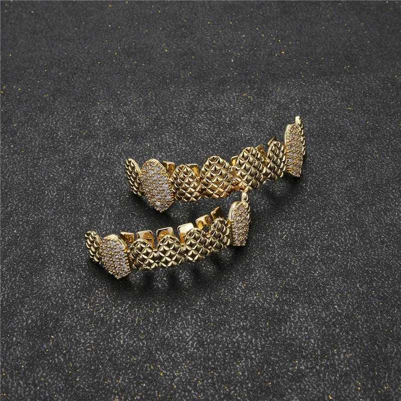 D Z New Vampire CZ Stone Teeth Grillz Top and Bottom Grill Brass Material Tooth Hat Role Playing Party Rap Singer Hip Hop Jewelry W250412