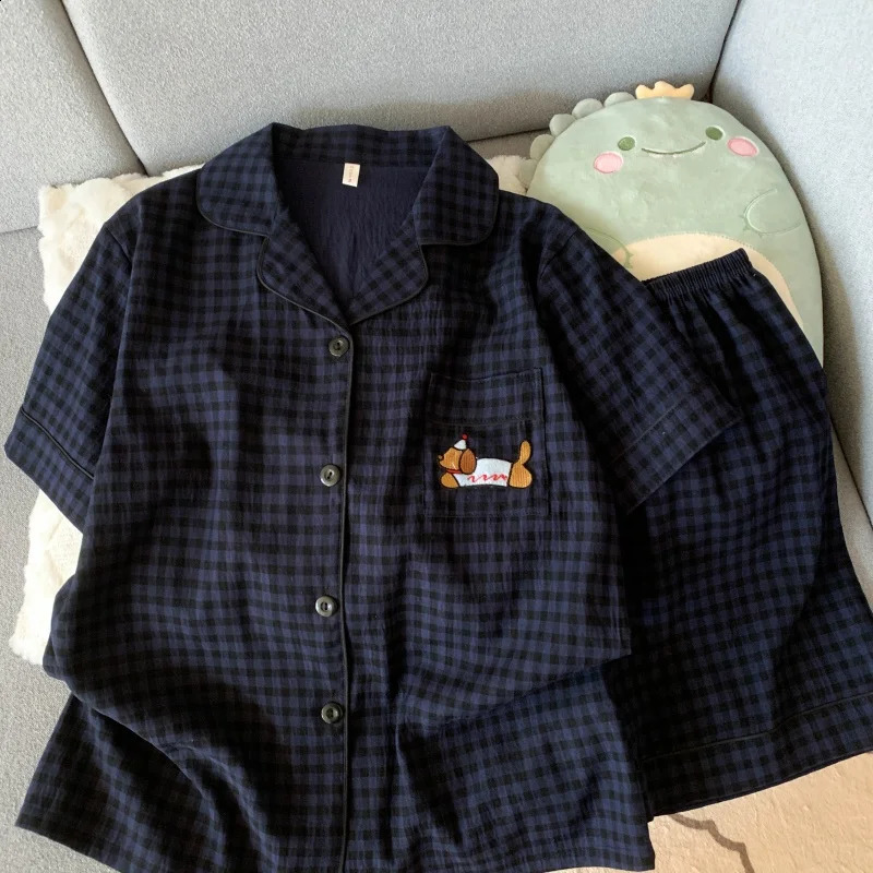 Embroidery Dog Sweet Fashion Cute Pajamas Set for Women Plaid Lapel Neck Elastic Waist n Pajamas Short Casual Nightwear 250411