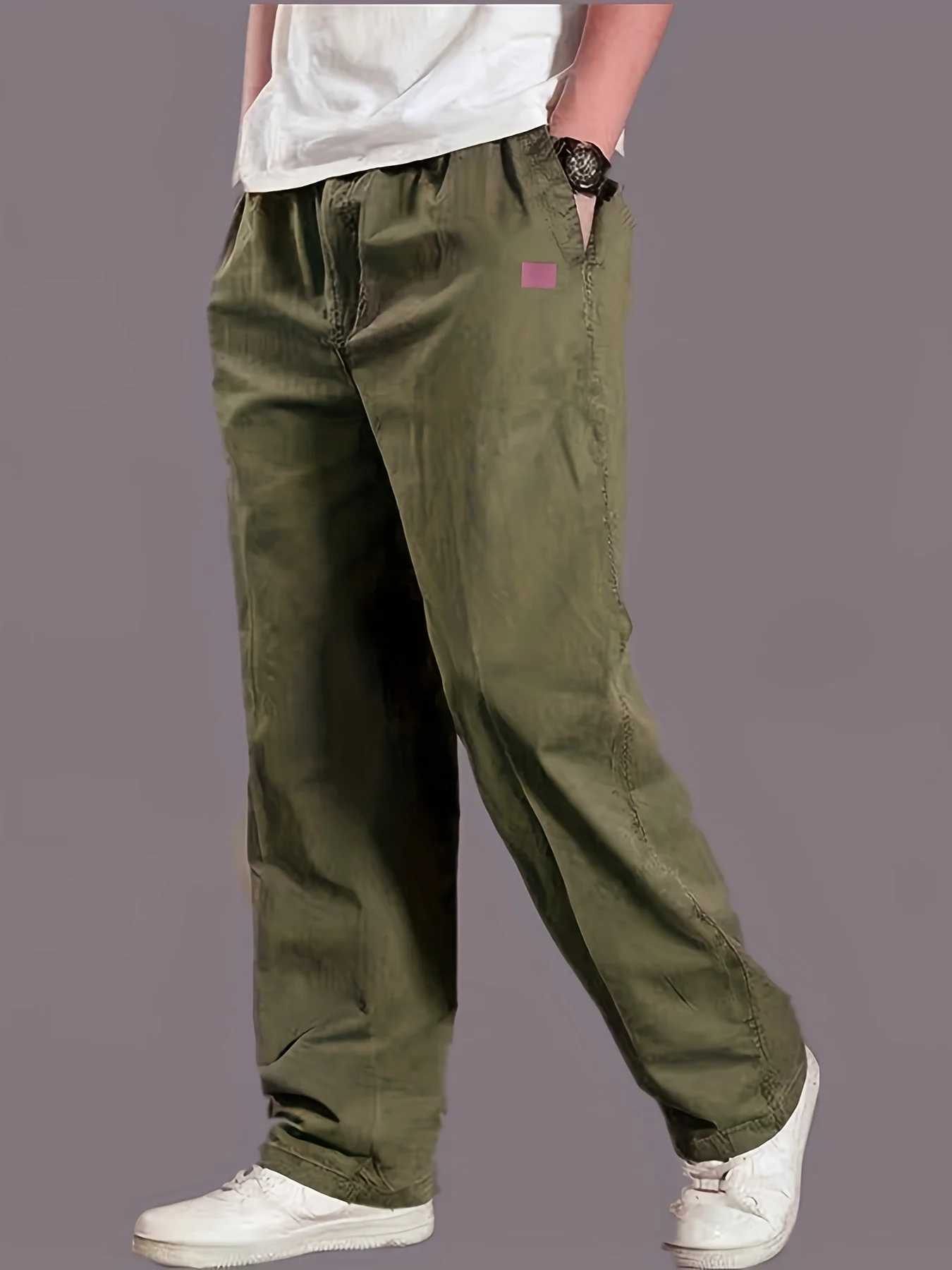 Loose mens work pants solid color waist up straight leg casual work pants with multiple pockets W250411