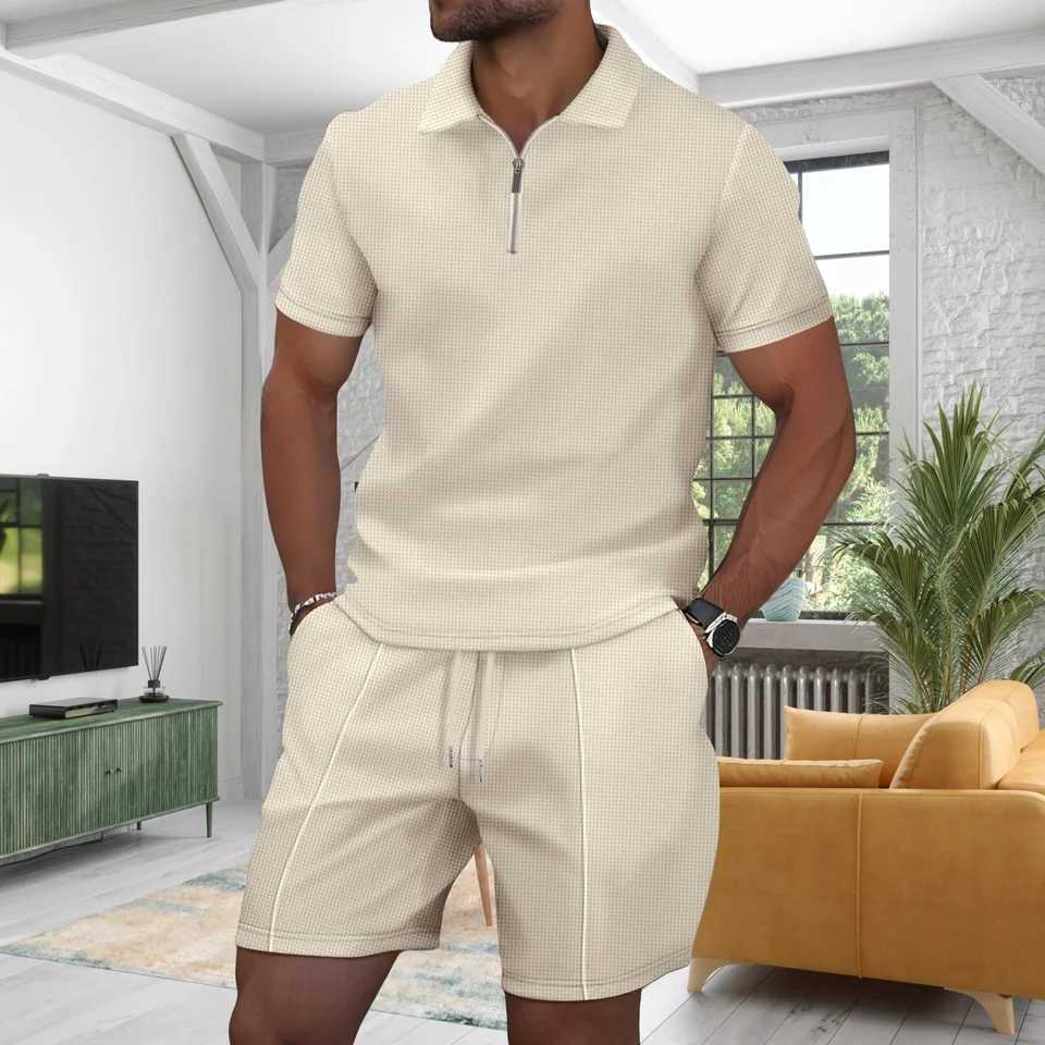 Summer mens new simple and fashionable waffle slim fit short sleeved T-shirt+shorts set with lapel zipper solid color casual outdoor sports suXJ250412
