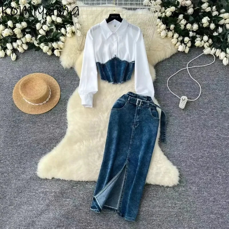 Women 2025 Sets Turn-down Collar Long Sleeve Denim Patchwork Shirts High Waist Bodycon Split Skirt Fashion Casual Suit 250411