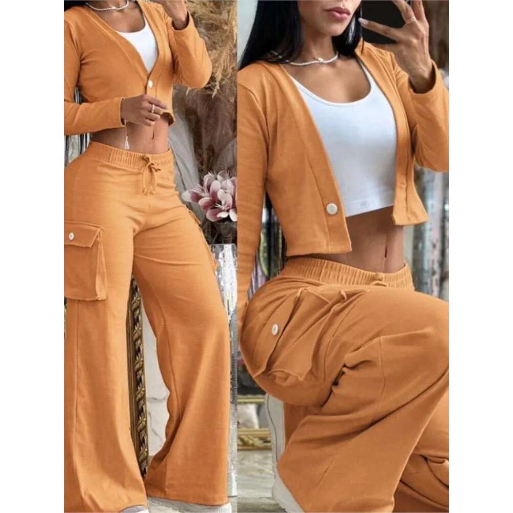 Women's Spring Summer New Fashionable Solid Color Printed Sexy Waist Short Top Casual Pants Set For Women