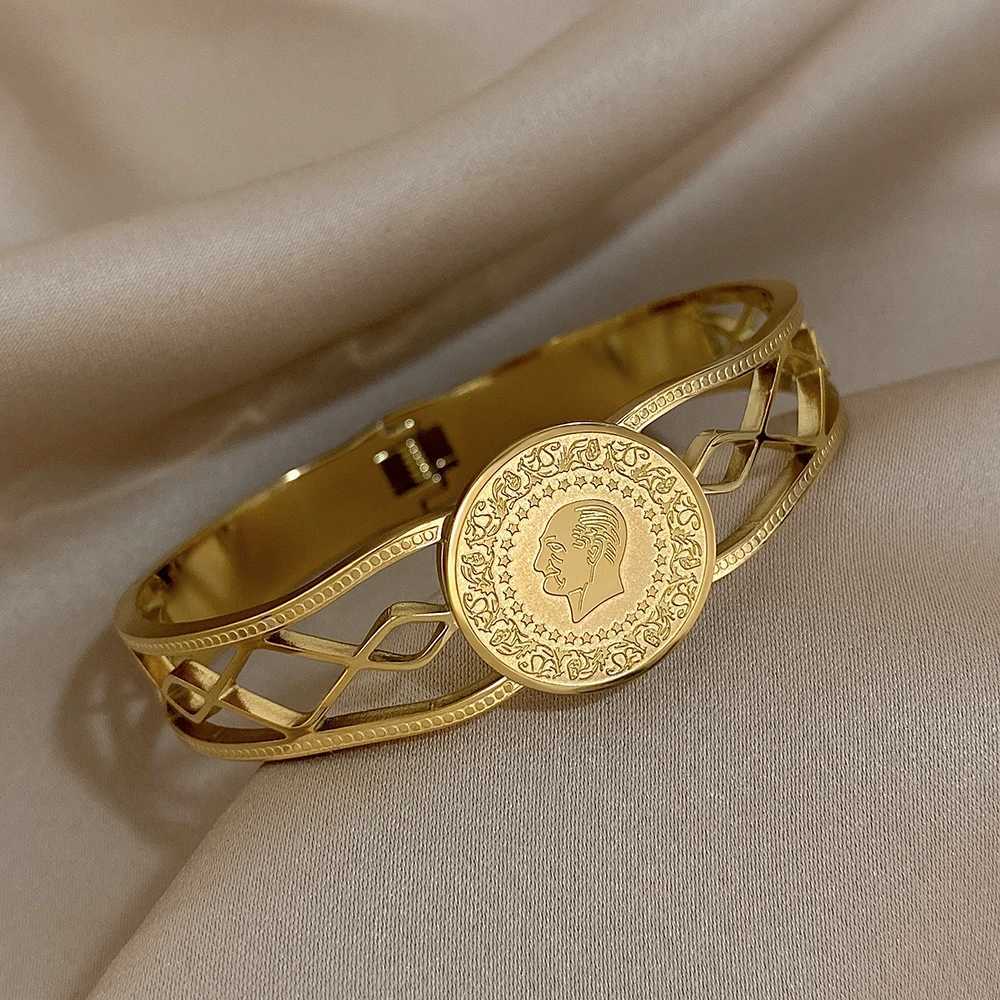 Vintage Coin Gold Plated Stainless Steel Bracelets Irregular Hollow Geometric Wide Cuff Bangle Bracelet Waterproof JewelryC250411