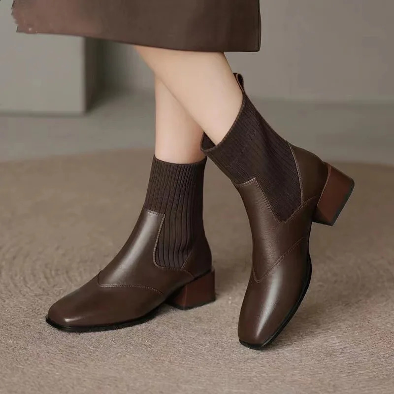 Women Sock Boots Square Toe Spring Autumn Women Casual Chelsea Botines Medium Heel Knitted Brown Black Ankle Boots for Women 250411
