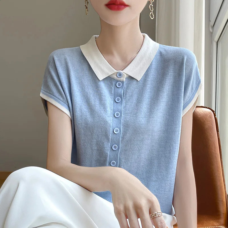 Womens T-shirts Spring/Summer Wool Knit Short Sleeve Casual Stitching Blouse Ladies Clothes Loose Tops POLO Neck Tees 250411