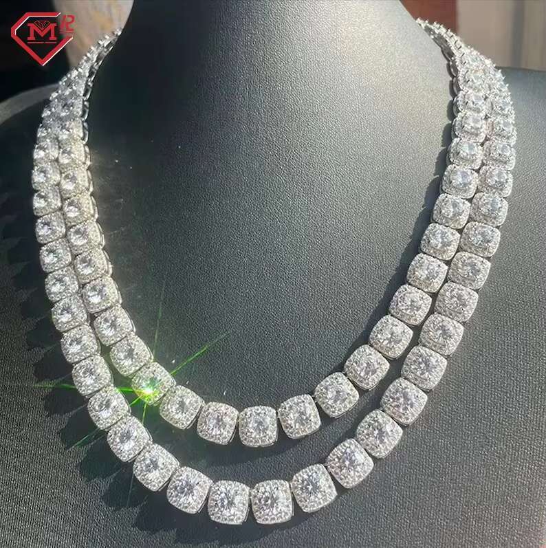 Hiphop Tennis Chain Iced Out Custom Cluster Square Shape 925 Sterling Silver Moissanite Tennis Chain