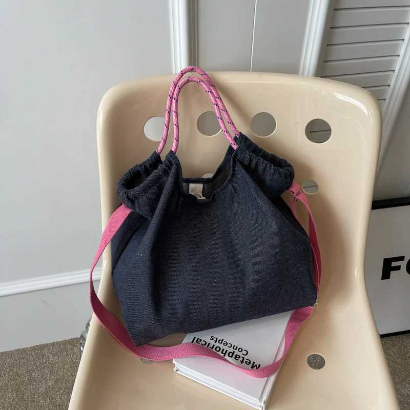 Large capacity embroidered letter crossbody bag for women casual denim cloth bag large capacity canvas tote bagC250412