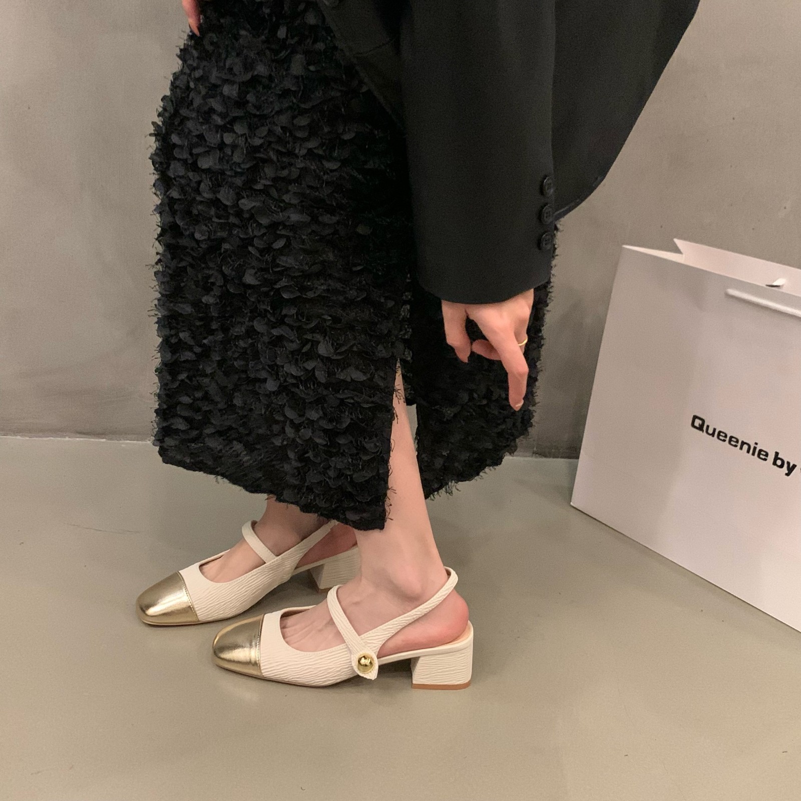 free Shipping Baotou sandals Designer Rear empty high heels Golden square head Thick heeled sandals Wearing casual single shoes outside 2025