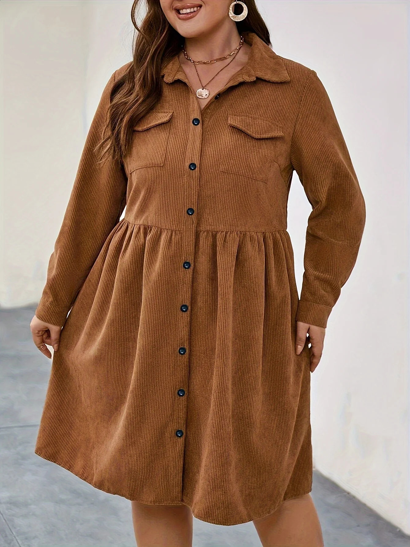 2025 Plus size 1XL5XL shirt dress with corduroy buttons pocket collar knee length loose long sleeves elegant and fashionable 250411