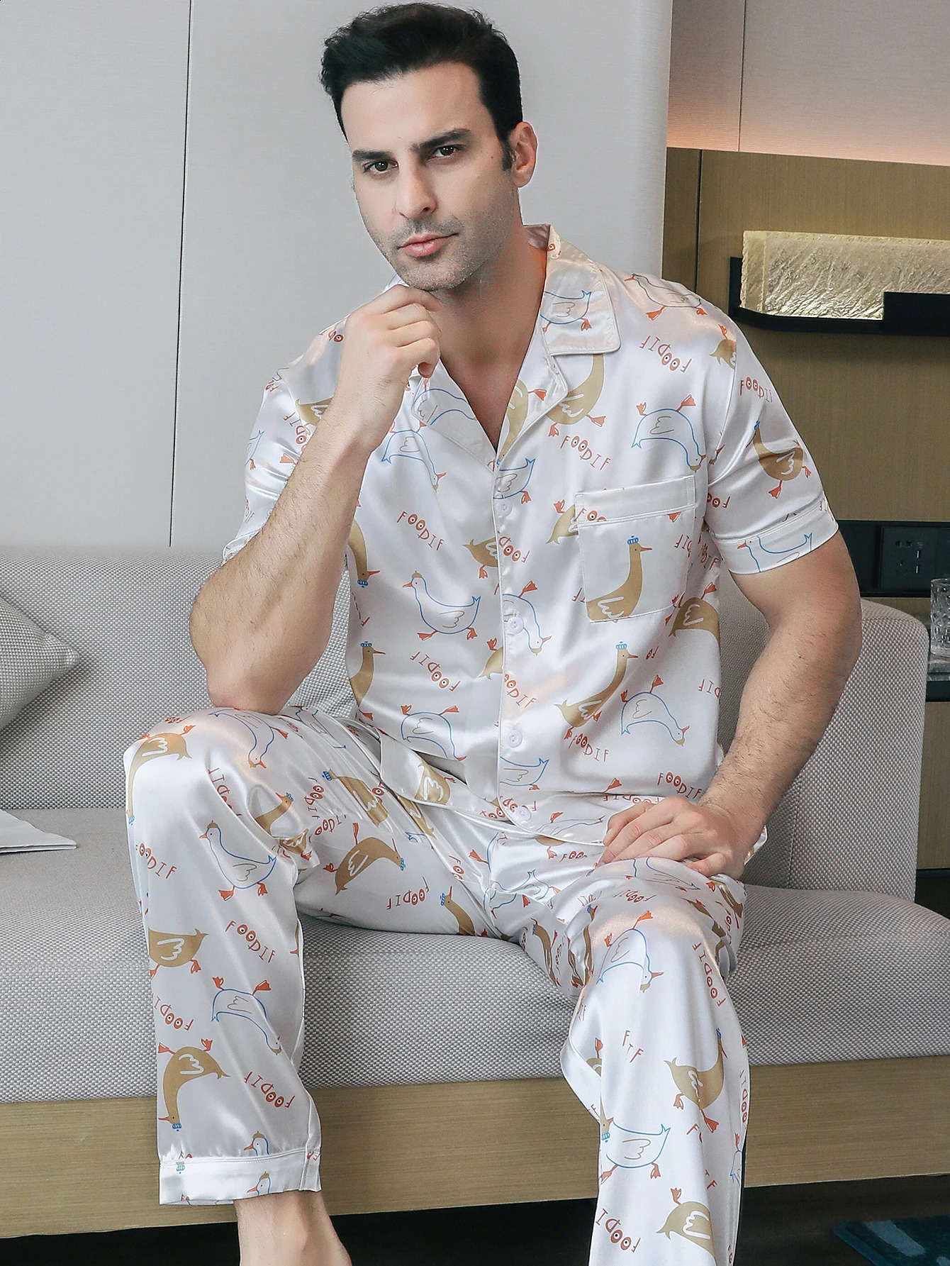Two piece mens sleepwear summer shorts sleepwear pattern printed home clothing sleepwear set 250411