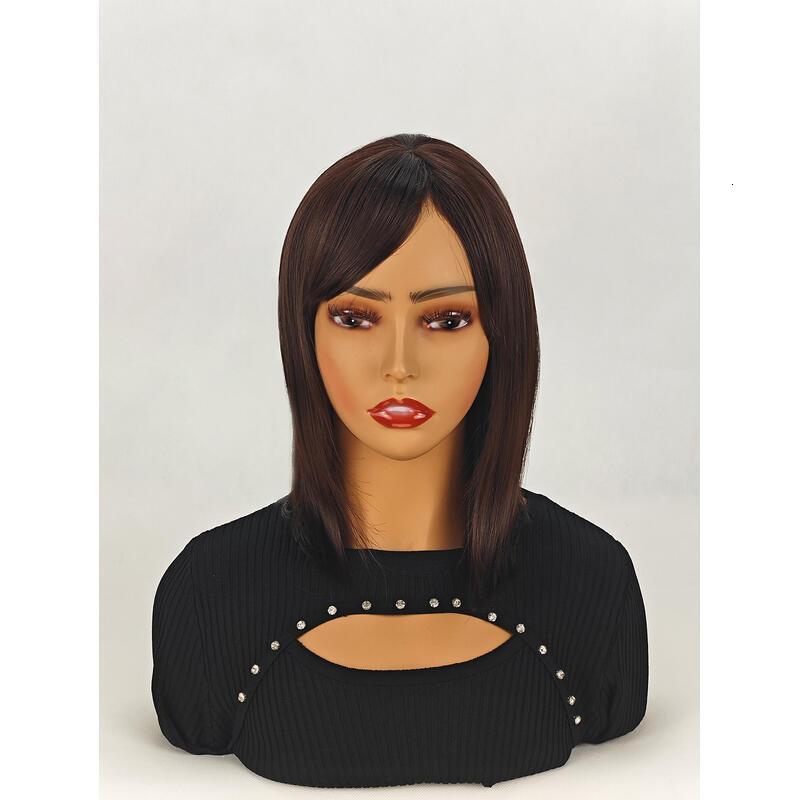 Shoulder-Length Layered With Bangs -14 Inch Peek-a-boo Color Black Mix Brown Mid-Length Wavy For en brown Women, Heat Resistant Synthetic Hair Replace