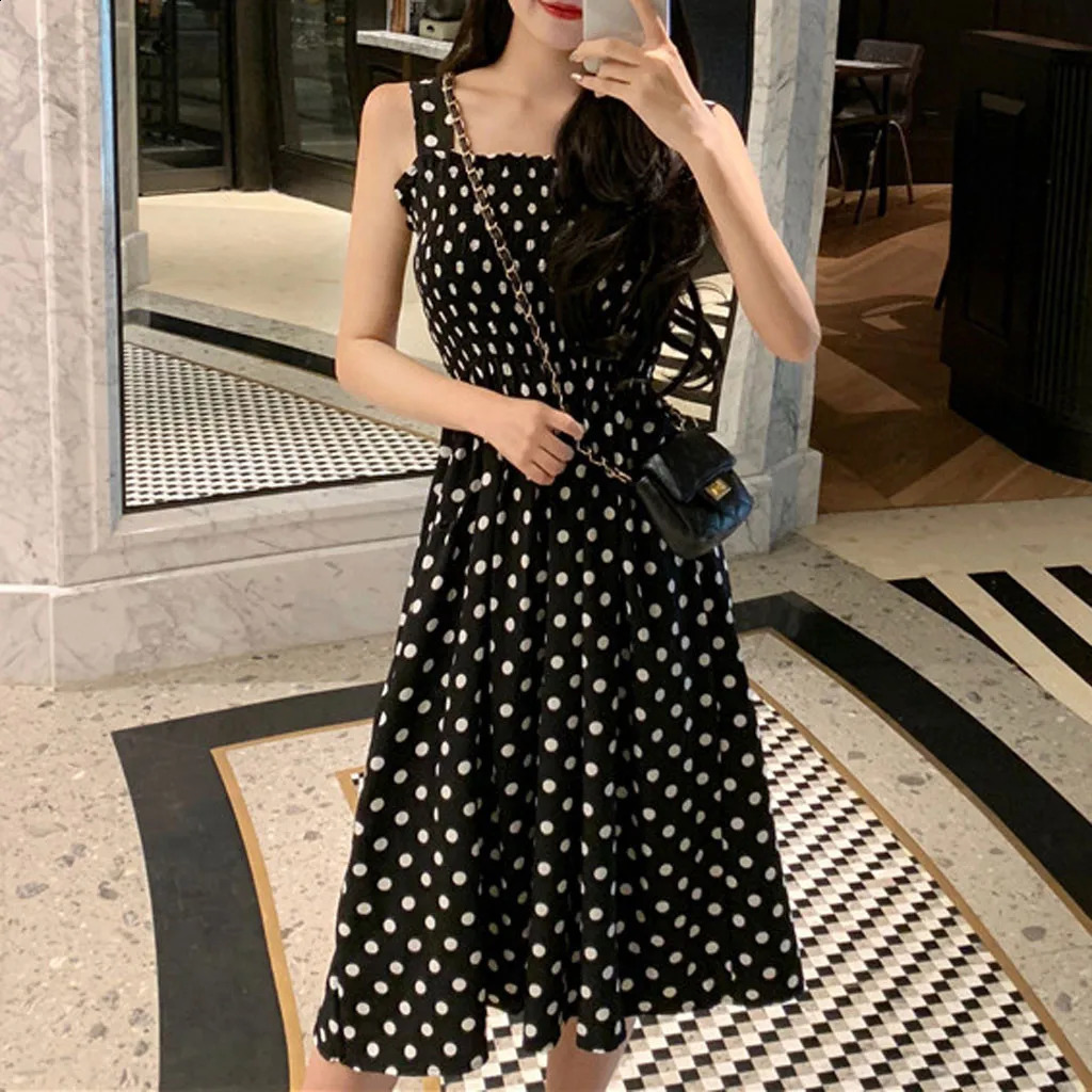 Womens dress 2024 summer fashion loose sleeveless polka dot shoulder plus size casual sexy 250411
