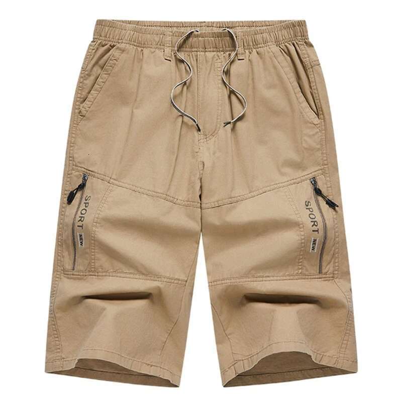 Summer Men Cotton Cargo Shorts Knee Zipper Pocket Casual Tactical Short Elastic Waist Climbing Sports Joggers Cropped Pants Male