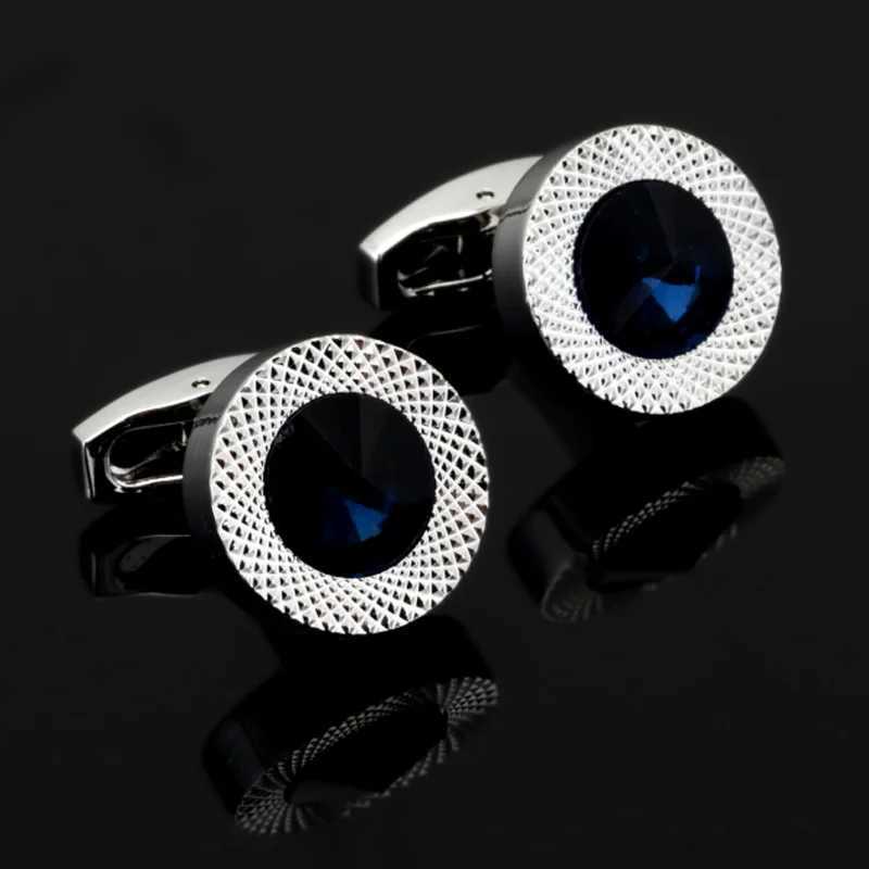 DY New High end Fashion Mens Shirt Cufflinks Luxury Design Silvery Round Blue Crystal CufflinksT250412