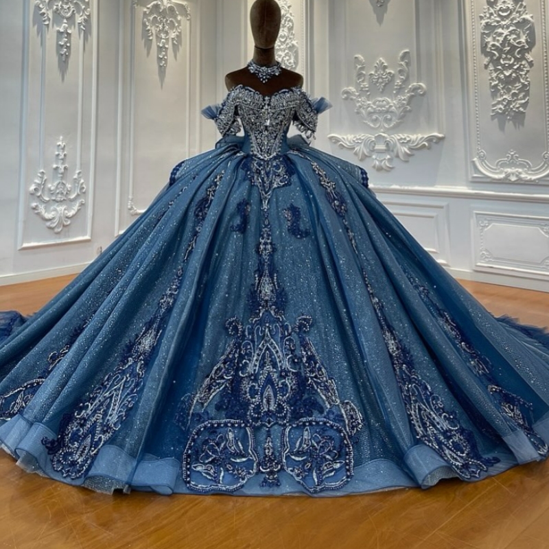 Sea Blue Shiny Quinceanera Dresses Off The Shoulder Applique Lace Beading Crystal Bow Tull Party Birthday Sweet 16 Dress Vestidos 15 De Anos