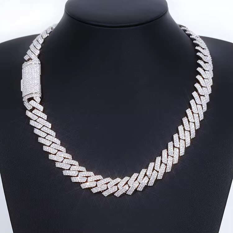 Yu Ying Jewelry Solid Silver Pass Diamond Tester VVS Moissanite Chian 2Rows 15mm Wide Men Cuban Link Chain