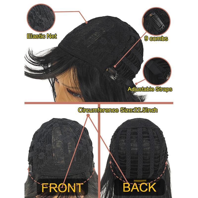 Shoulder-Length Layered With Bangs -14 Inch Peek-a-boo Color Black Mix Brown Mid-Length Wavy For Natural black Women, Heat Resistant Synthetic Hair Re