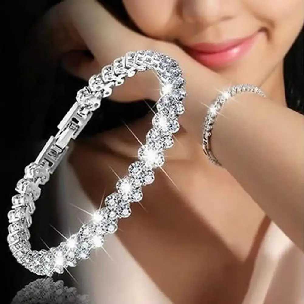 Elegant Woman Bracelets Bangle Chain Shiny Plated Cubic Zircon Rhinestone Inlaid Bangle BraceletC250411