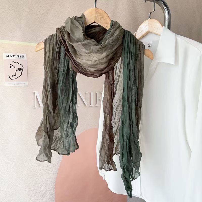 T461 autumn 2025 new cotton and linen thin scarf female retro gradient long shawl literary pleated warm neck scarf