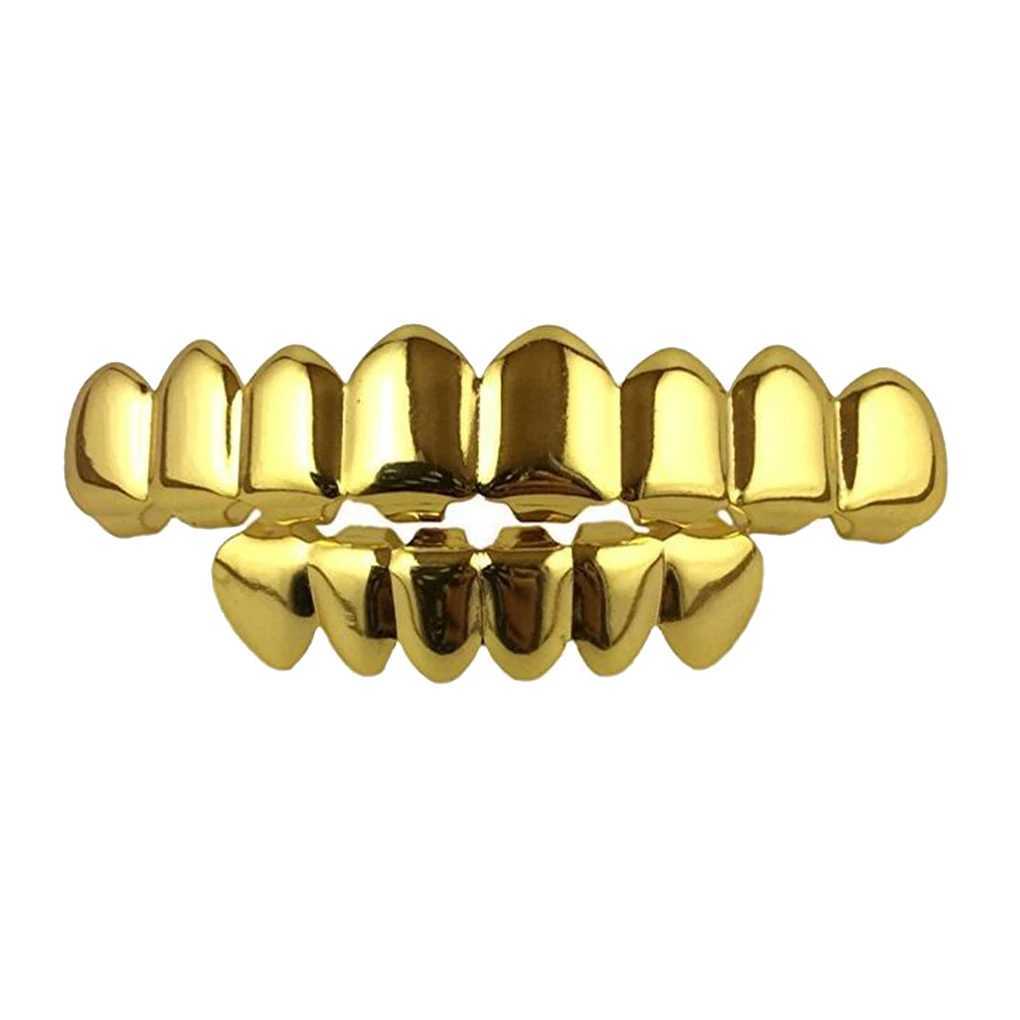 Top and bottom dentures Halloween oral grill presents copper plated gold teeth party supplies Christmas gold set W250412