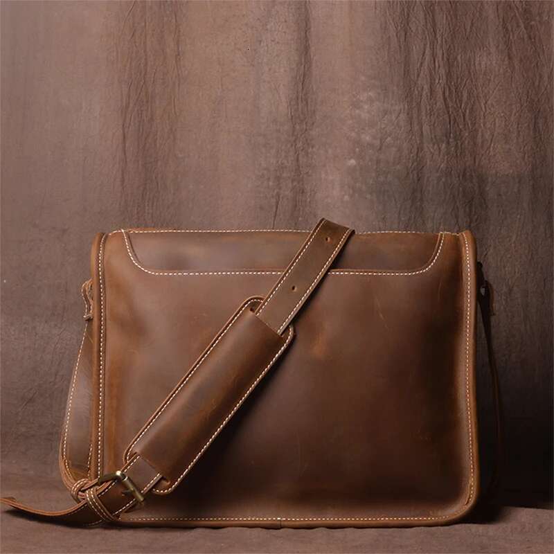 LUOKIR Men's Vintage Crazy Horse Cowhide Crossbody Simple Casual Genuine Leather Shoulder Messenger Bag For 12.9 Inch Ipad