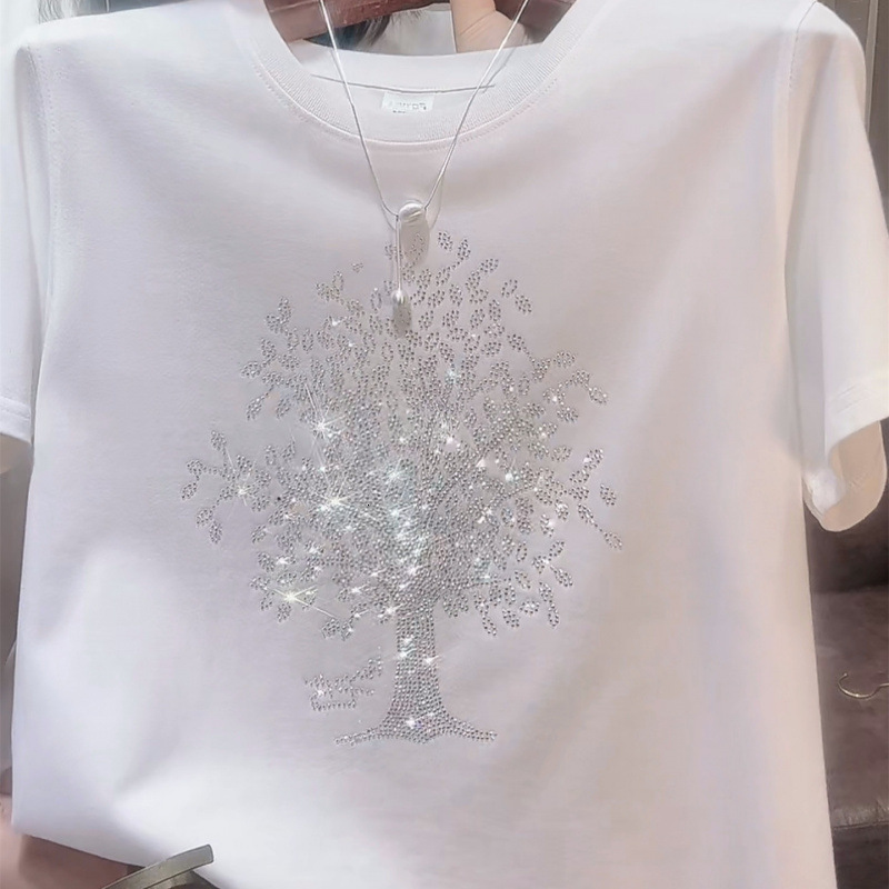 Designer's high-end women's T-shirt 2025 summer heavy industry diamond hot stamping versatile short sleeved shirt regular slimming round nec