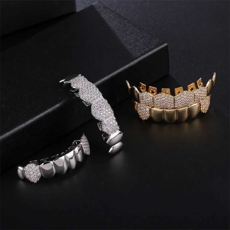 Hip Hop CZ Stones Teeth Grillz Hat Cube Zircon Ice Out Mini Paving Top and Bottom Charm Grill W250412