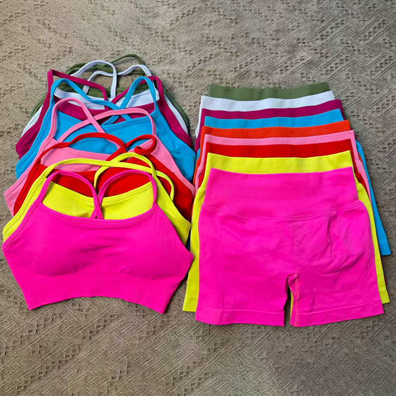 Sport Set 2 Pieces Seamless Yoga Set Halter Bra Top High Waist Workout Scrunch Shorts Summer Fitness Clothes Gym Suit Outfit Active Wear