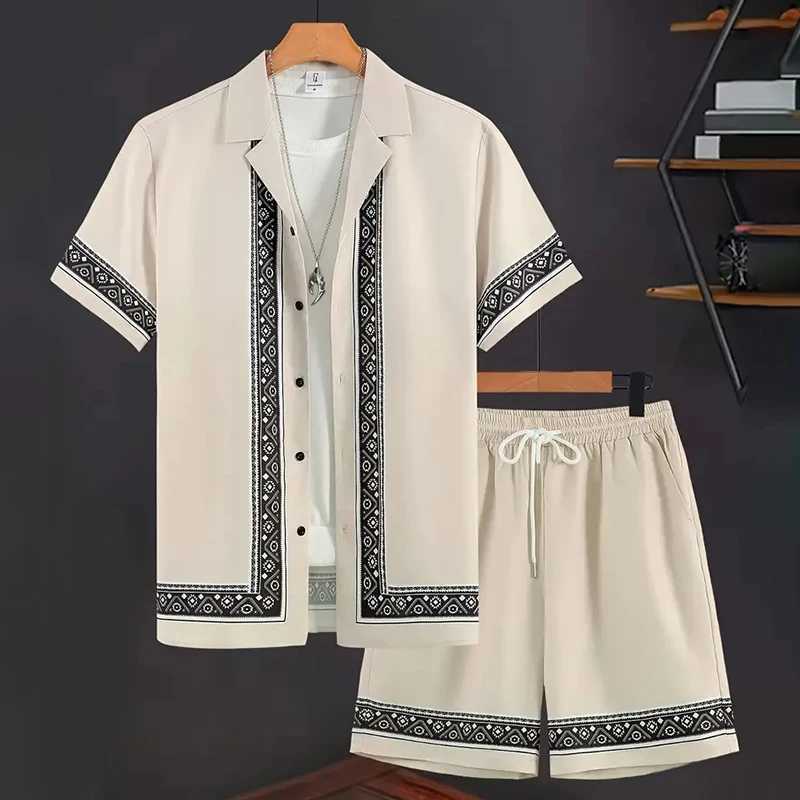 2024 New Mens Summer Holiday Set Retro Texture Printed Border Shirt Short Sleeve Two Piece Mens Breathable Pool SetXJ250412