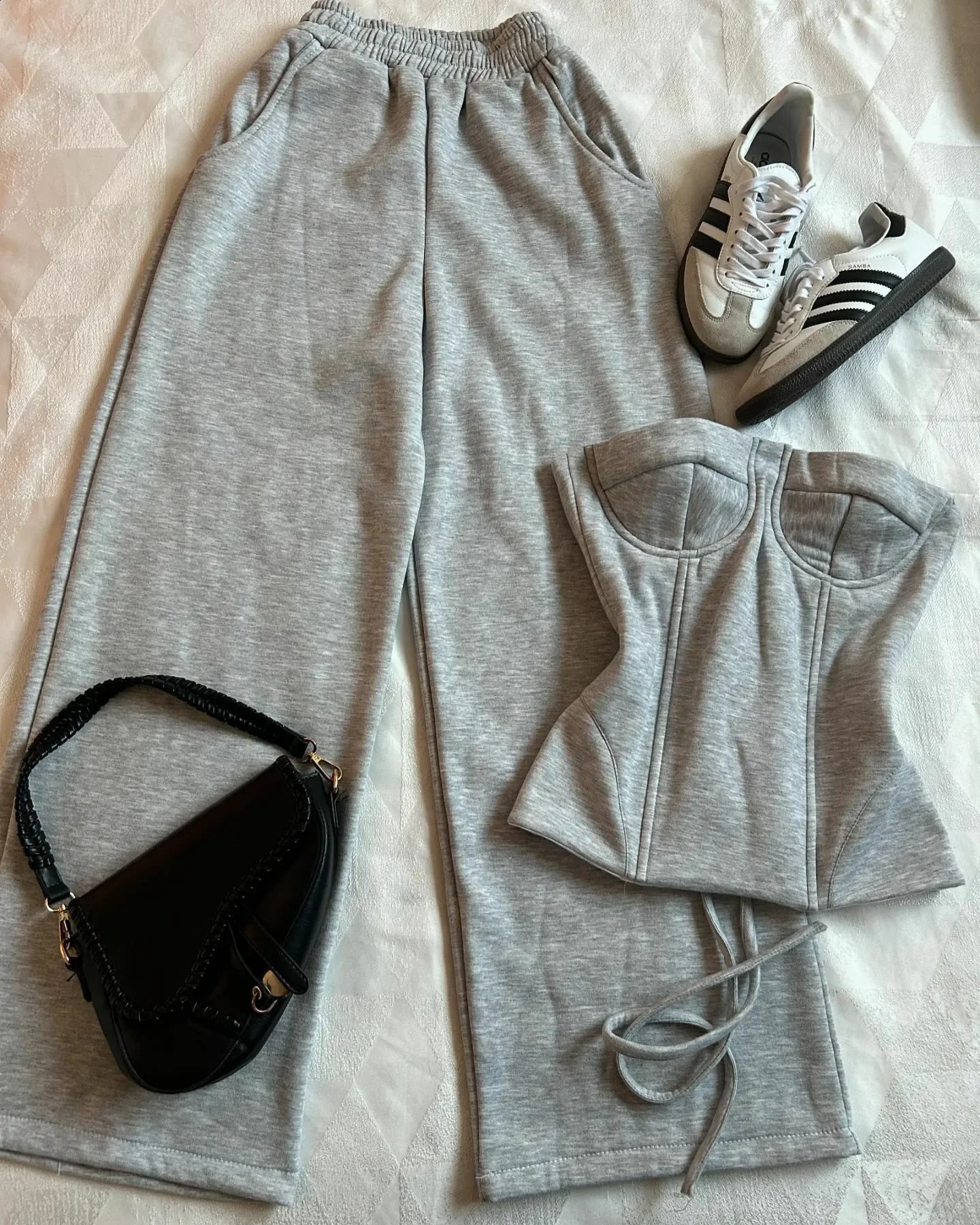 Y2K Autumn Winter Pants Set Womens Clothing Harajuku Casual Sweatpants Goth Sexy Slim Tube Tops Light Gray Two Piece Set Outfits 250411