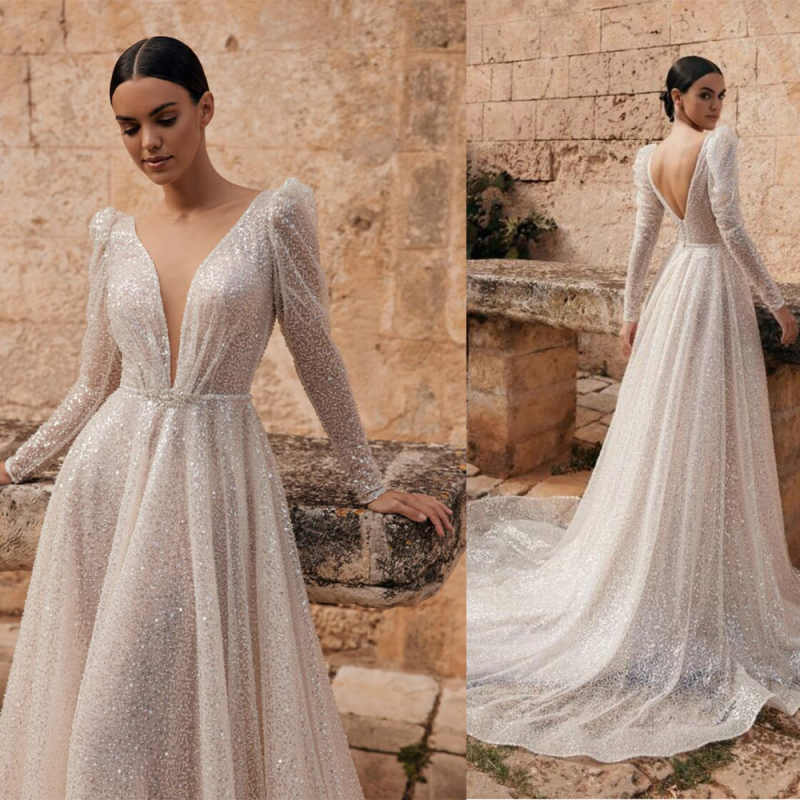 Sparkly A Line Wedding Dress Sequined V Neck Long Sleeve Bridal Gowns Customized Beach Backless Bride Dresses