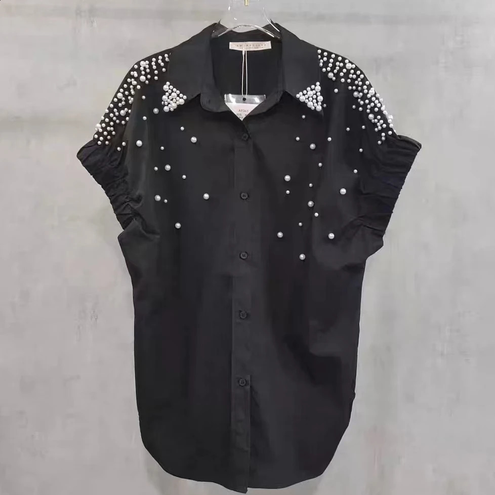 High-end Pears Beads Stitch Loose Casual Black Cotton Shirts Blouses For Women 2025 Summer Short Sleeve Mid-length Tops Clothes 250411