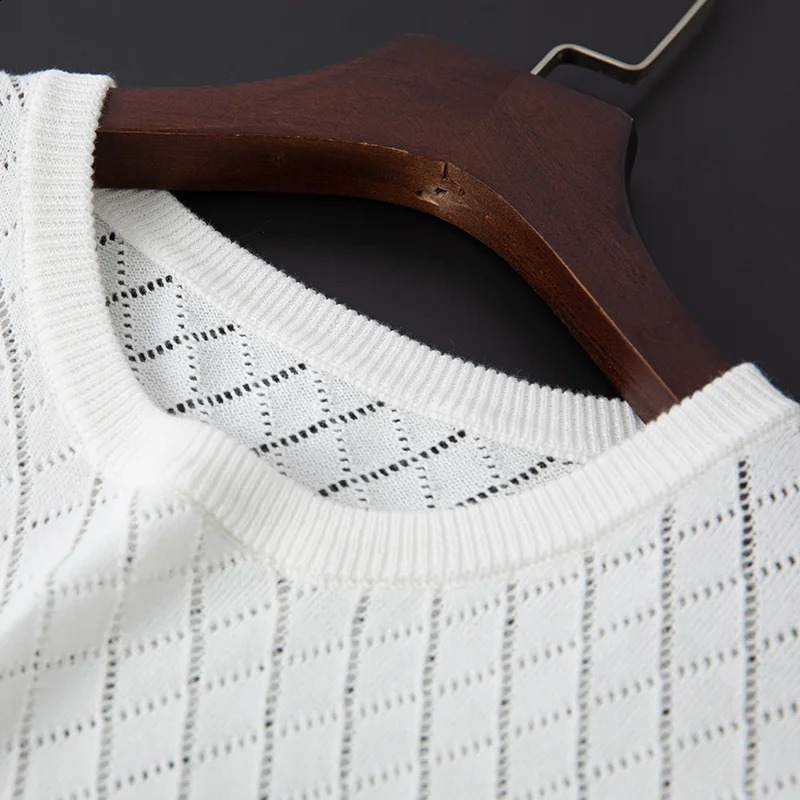 Men Knitwear 100% Cotton Sweater Pullover O-Neck T-shirt Short sleeve Hollow Out Breathable Comfortable High-Quality Lattice 250407