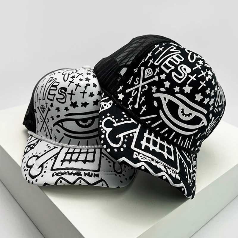 New Fashion Mens Printed Cartoon Baseball Cs Breathable Sunset Edition Korean Hip Hop Half Mesh Hat on Trend StreetXJ250411