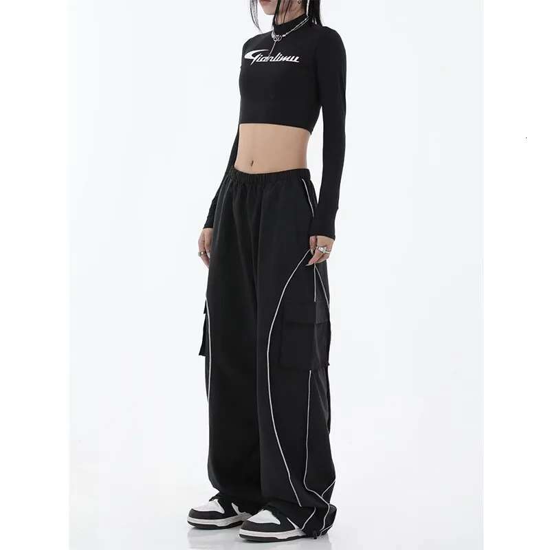 New Fashionable Drawstring Loose Y2k Work Women's Mid Waist Sports Retro Street Pocket Wide Leg Jogging Pants
