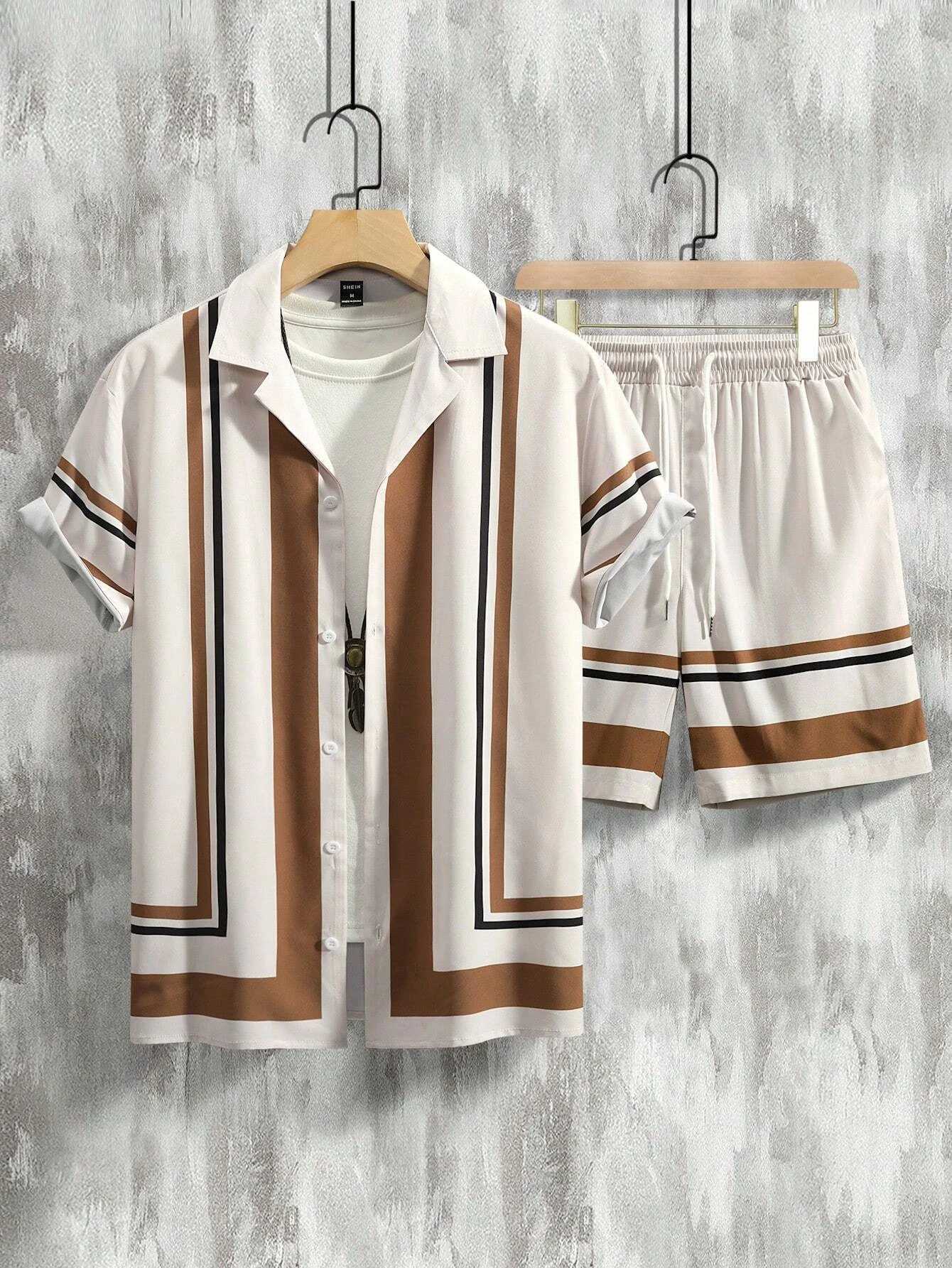 Summer mens shirt set retro simple striped beach short sleeved casual collar shirt oversized beach shorts Hawaiian suit clothingXJ250412