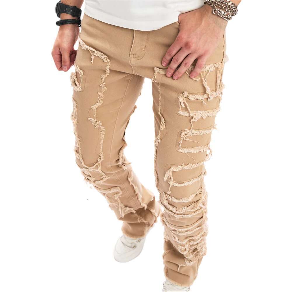 Streetwear Men Stylish Stacked Spliced Slim Biker Jeans Pants Male Hiphop Distressed Motorcycle Straight Flared Denim Trousers
